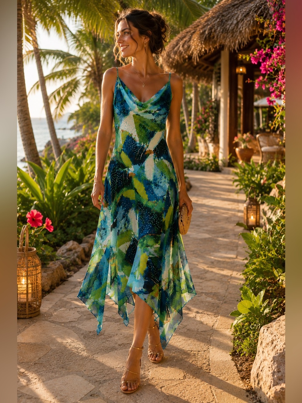 Robbie Bee Silk Watercolor Sequin Beaded Chiffon Midi Dress Resort Cruise Glam